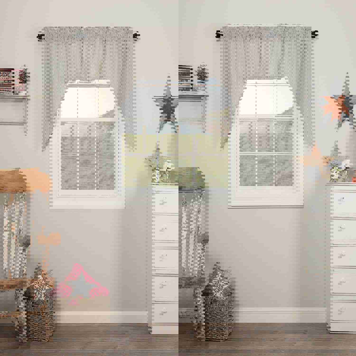 Hatteras Seersucker Blue Ticking Stripe Prairie Swag Set