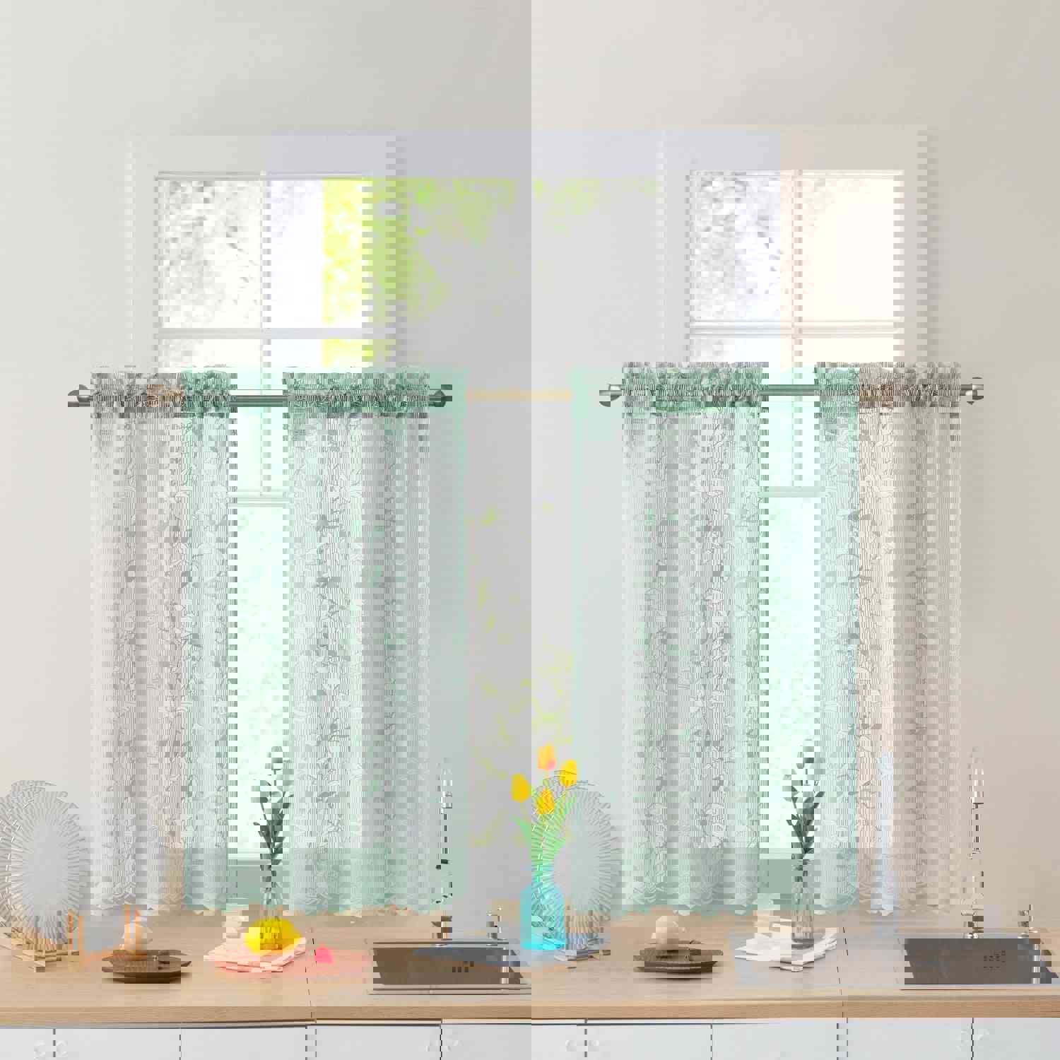 Elegant Floral Joyce Semi-Sheer Kitchen Curtains