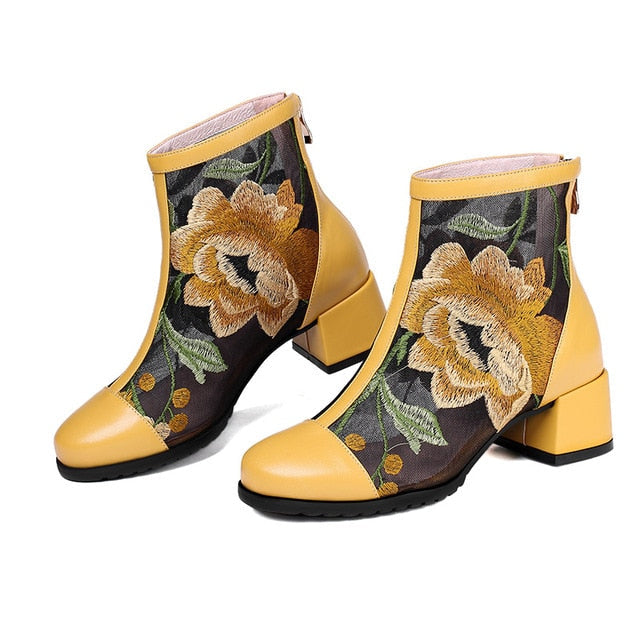 Elegant Embroidered Genuine Leather Women's Ankle Boots