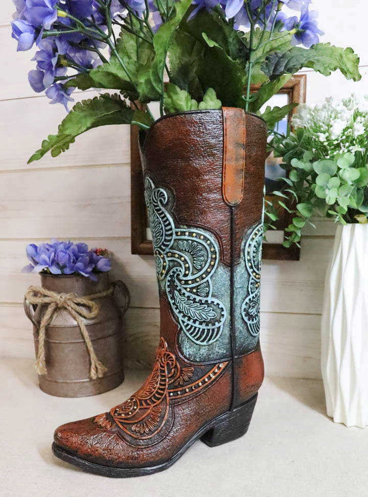 Western Style Turquoise Tooled Leather Cowboy Boot Flower Vase