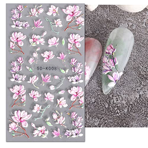JMEOWIO 3D Embossed Spring Flower Nail Art Stickers, Self-Adhesive Floral Nail Decals for Elegant DIY Nail Designs