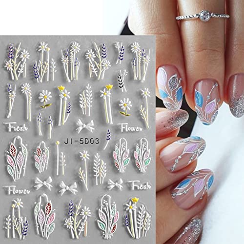 JMEOWIO 7 Sheets 3D Embossed Spring Flower Nail Art Stickers Decals Self-Adhesive, 5D Colorful Summer Floral Nail Supplies