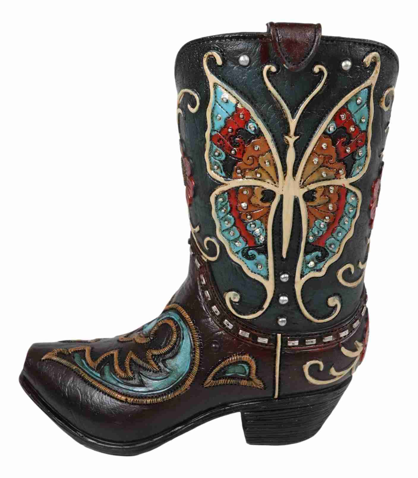 Western-Inspired Turquoise & Brown Tooled Leather Cowboy Boot Decor