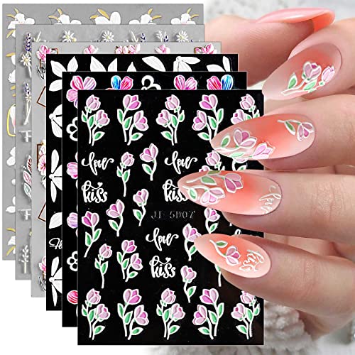 JMEOWIO 7 Sheets 3D Embossed Spring Flower Nail Art Stickers Decals Self-Adhesive, 5D Colorful Summer Floral Nail Supplies