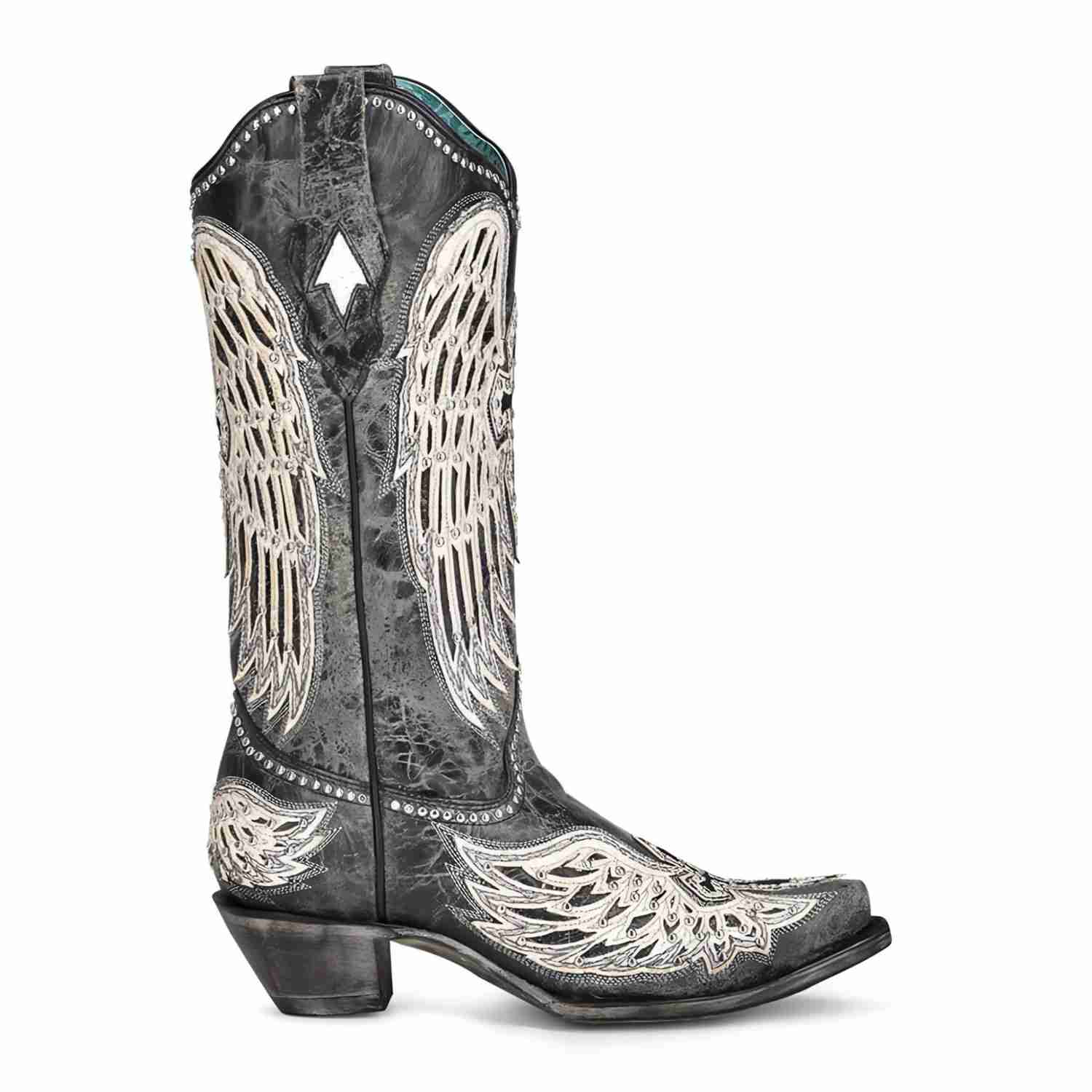 Glitter Embellished Black Cross and Wings Western Boot - A4232