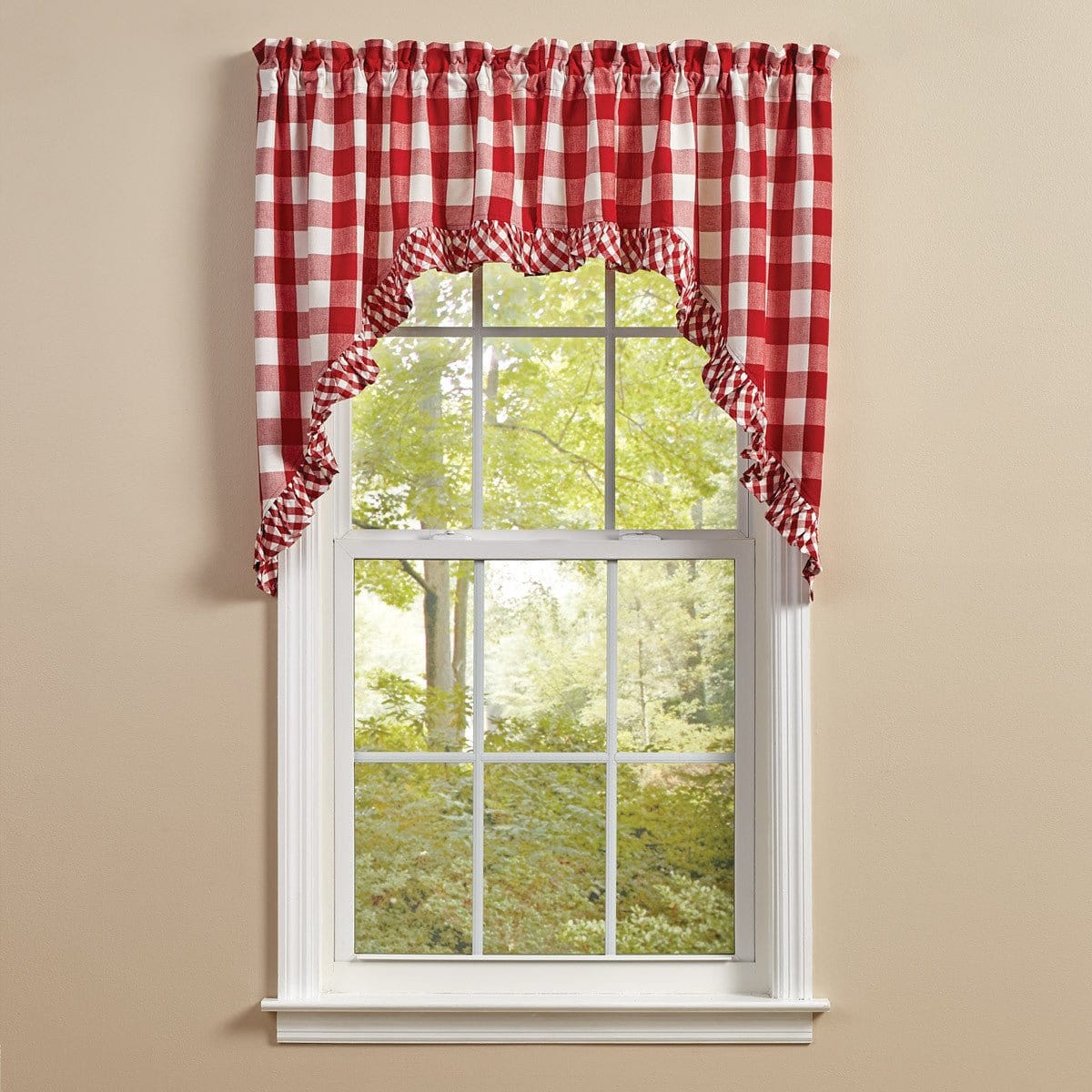 Ruffled Buffalo Check Swag Pair in Red and Ivory