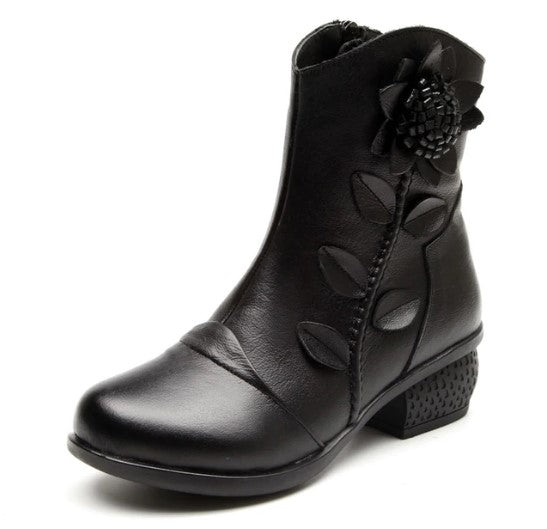 Women's Genuine Leather Ankle Snow Boots with Decorative Flower