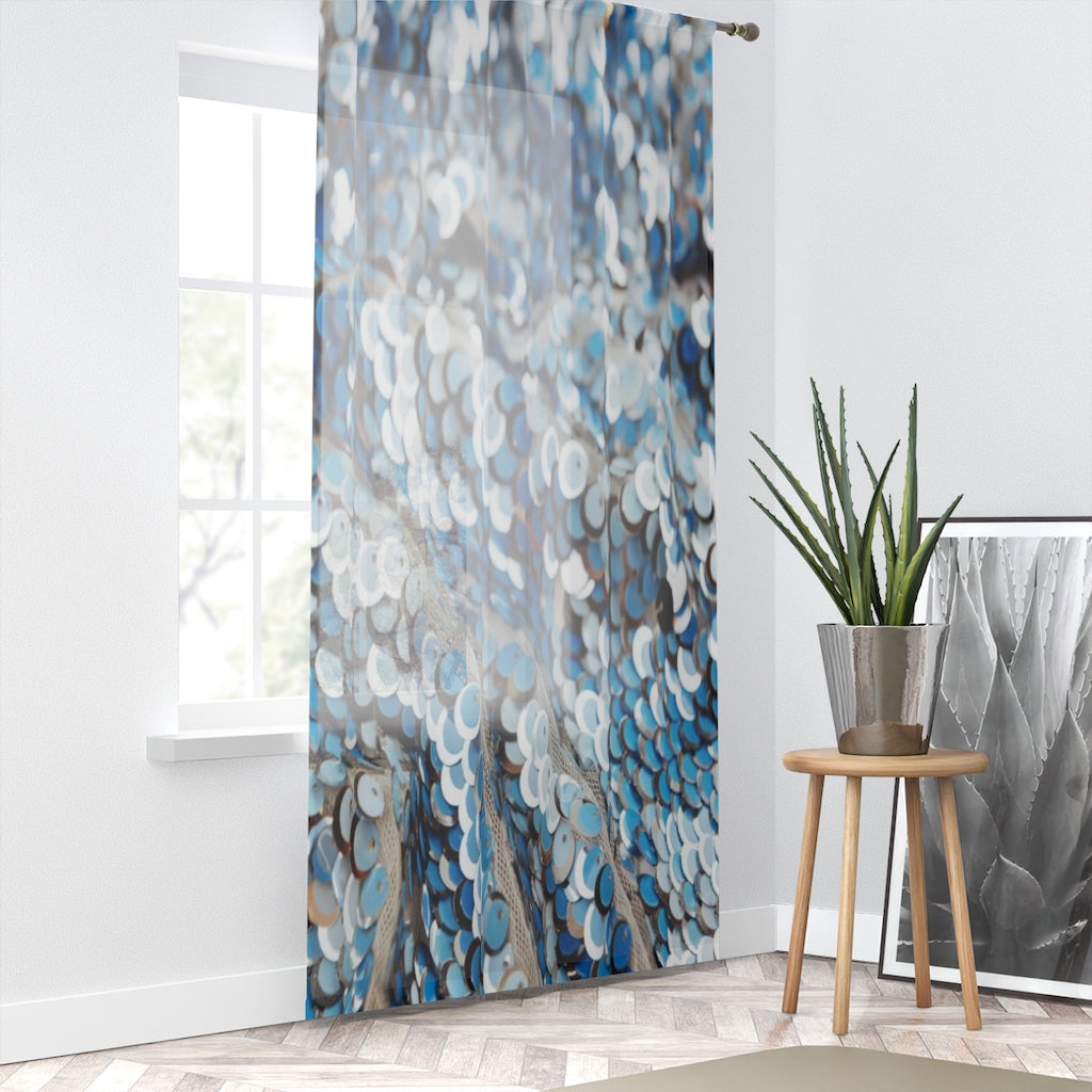 Elegant Blue Wave Sequin Sheer Window Curtain