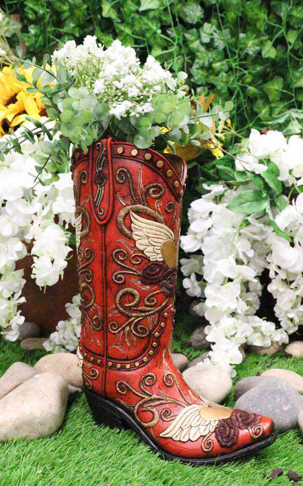 Western Style Cowgirl Boot Vase with Floral Scrollwork