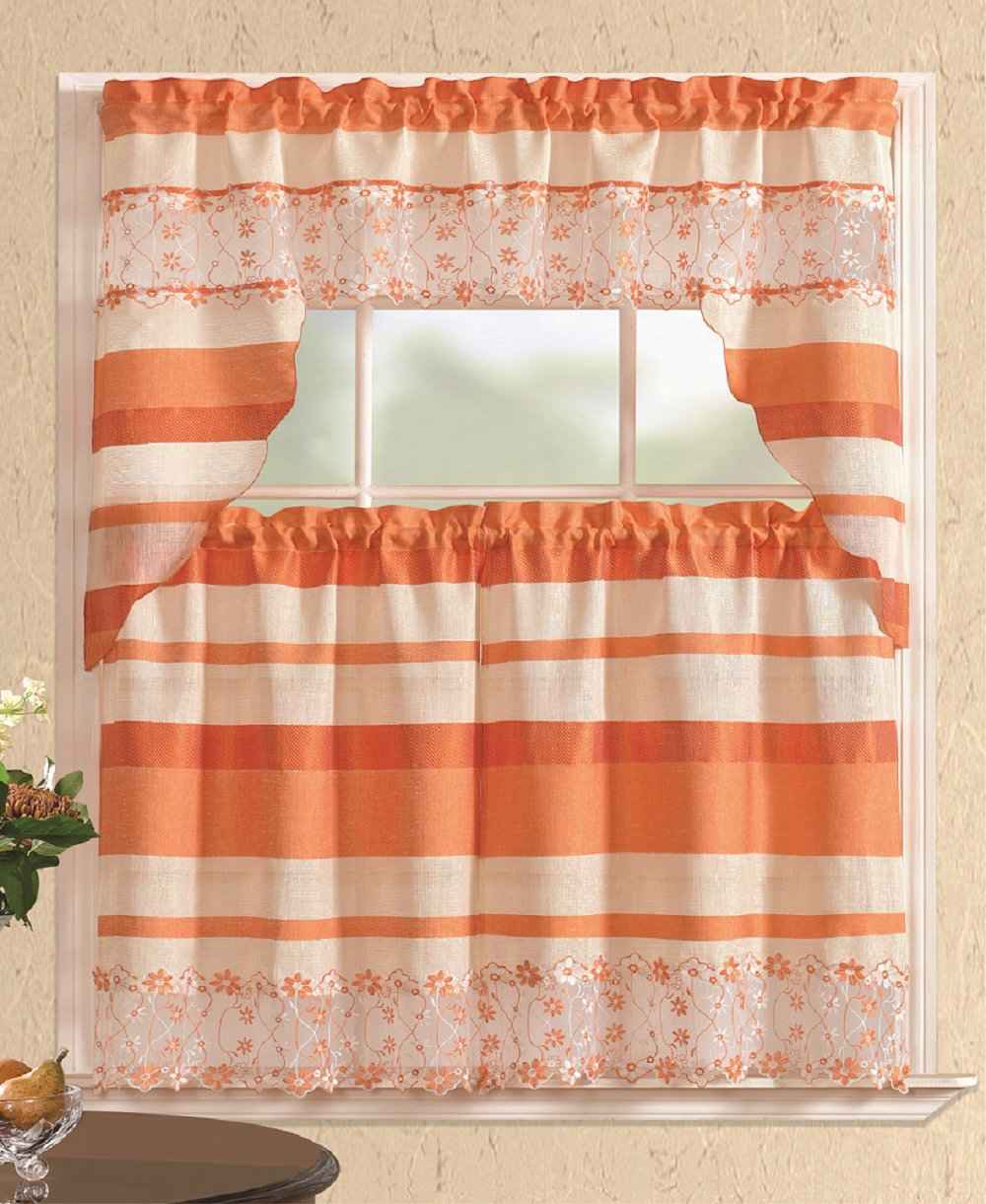 All American Collection 3-Piece Modern Embroidered Kitchen Curtain Set with Swag Valance