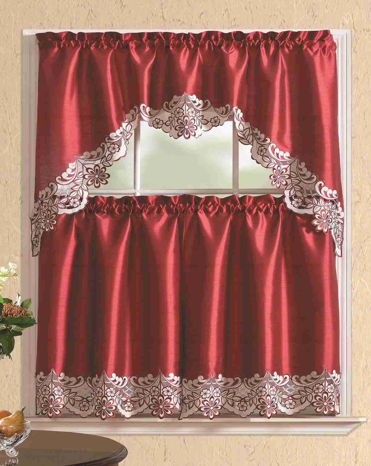All American Collection 3-Piece Modern Embroidered Kitchen Curtain Set with Swag Valance