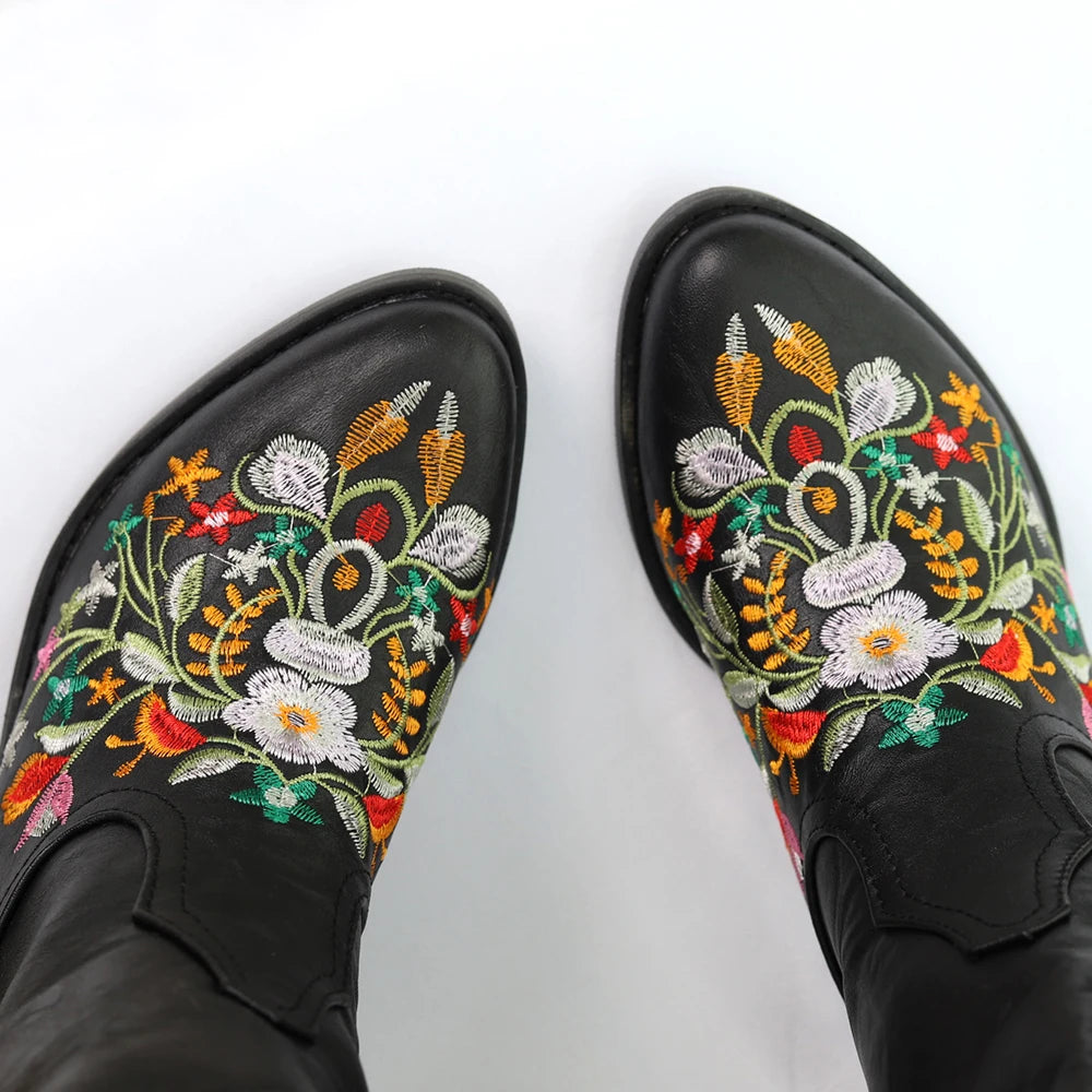 Vintage Floral Embroidered Western Cowboy Boots for Women