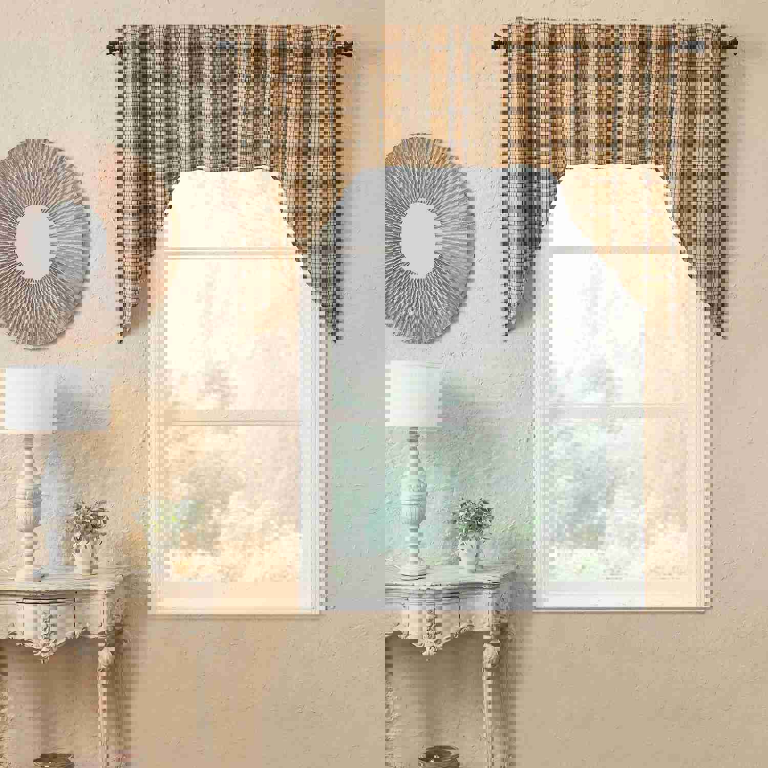Rustic Country Style Window Swag Set, Cider Mill Green Tan Plaid