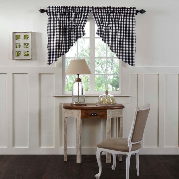 Annie Black Buffalo Check Lined Prairie Swag Curtains Set