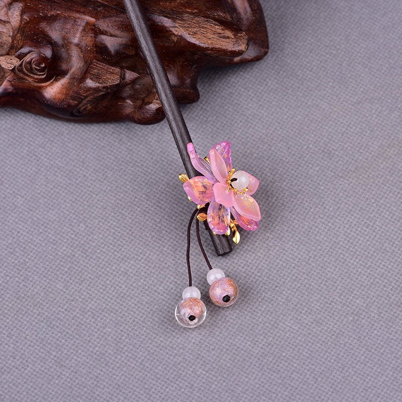 Elegant Chinese Hair Pin - Pink Blossom & Pearls