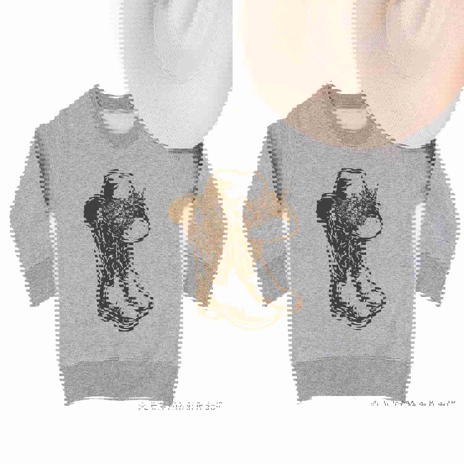 Cowgirl Boots w/ Hat and Flowers - Child Unisex Crewneck Sweatshirt