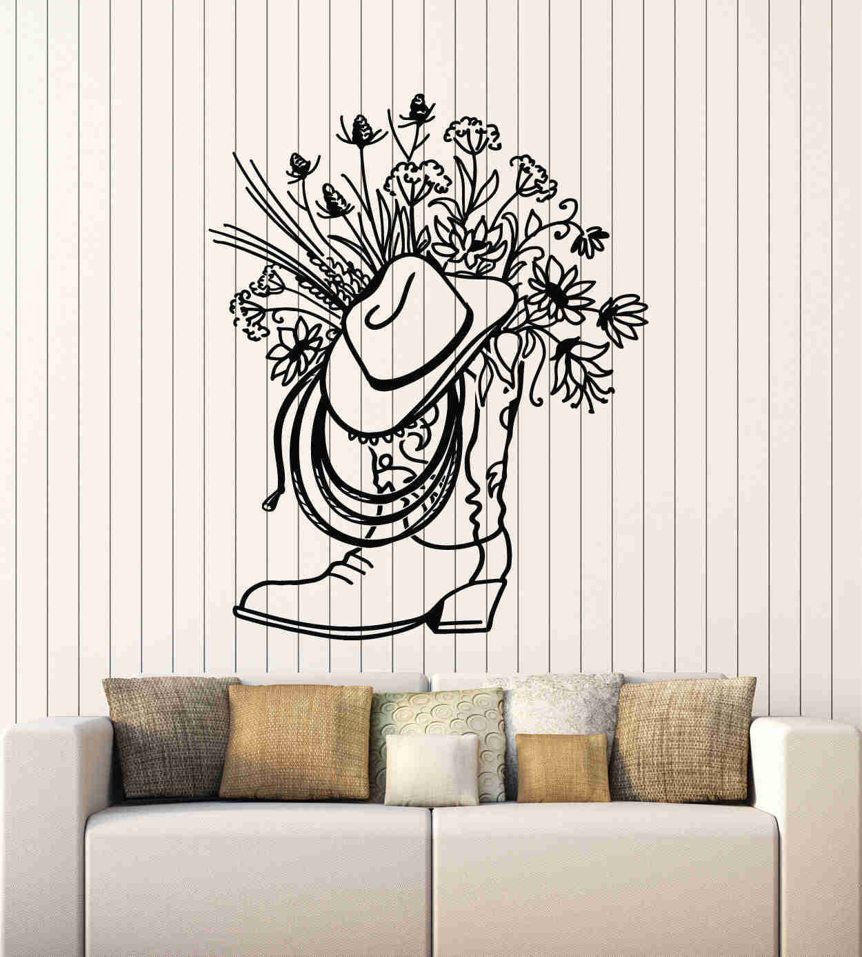 Custom Cowboy Boot Hat with Flowers Vinyl Wall Decal