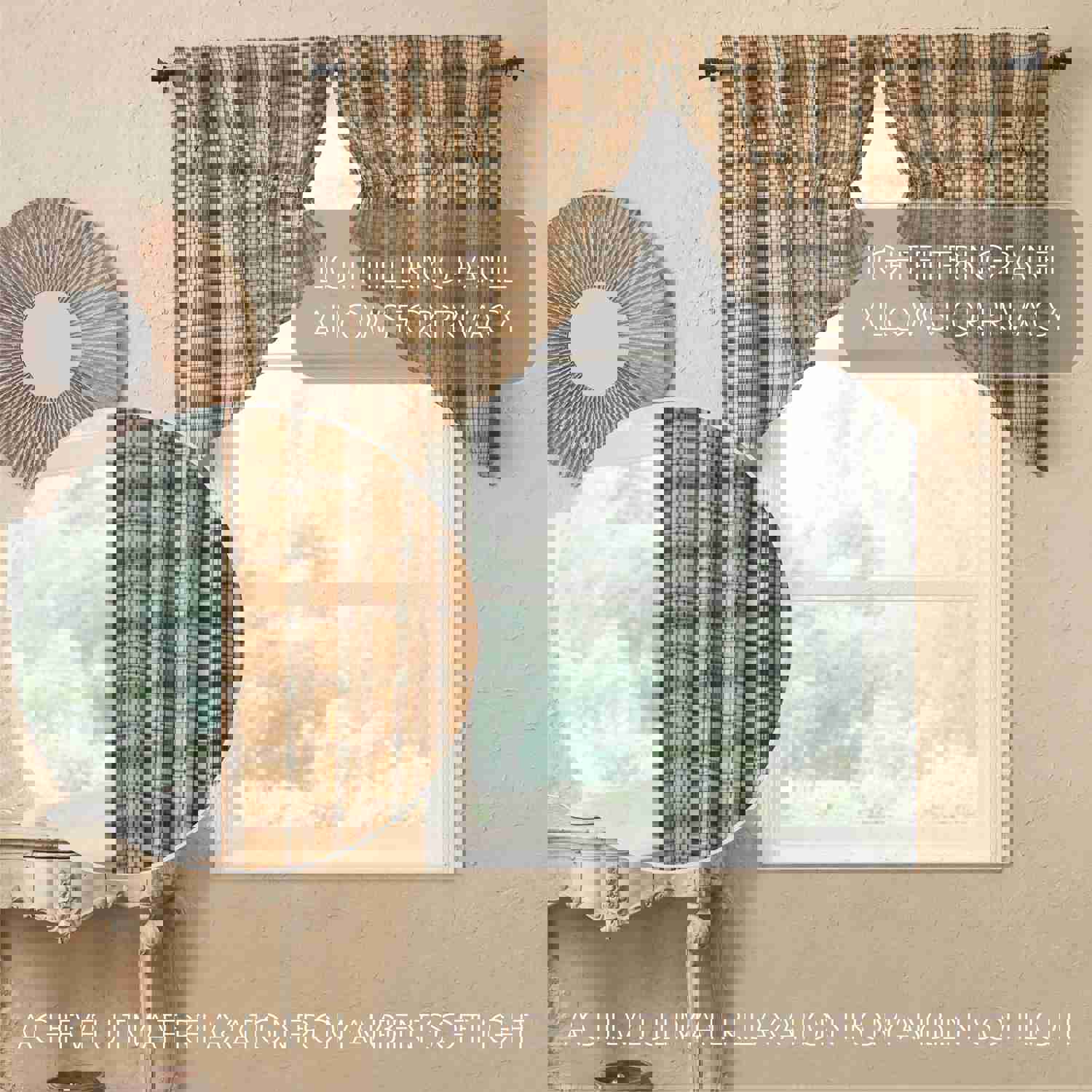 Rustic Country Style Window Swag Set, Cider Mill Green Tan Plaid