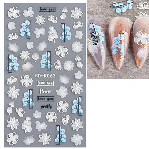 JMEOWIO 3D Embossed Spring Flower Nail Art Stickers, Self-Adhesive Floral Nail Decals for Elegant Summer Look