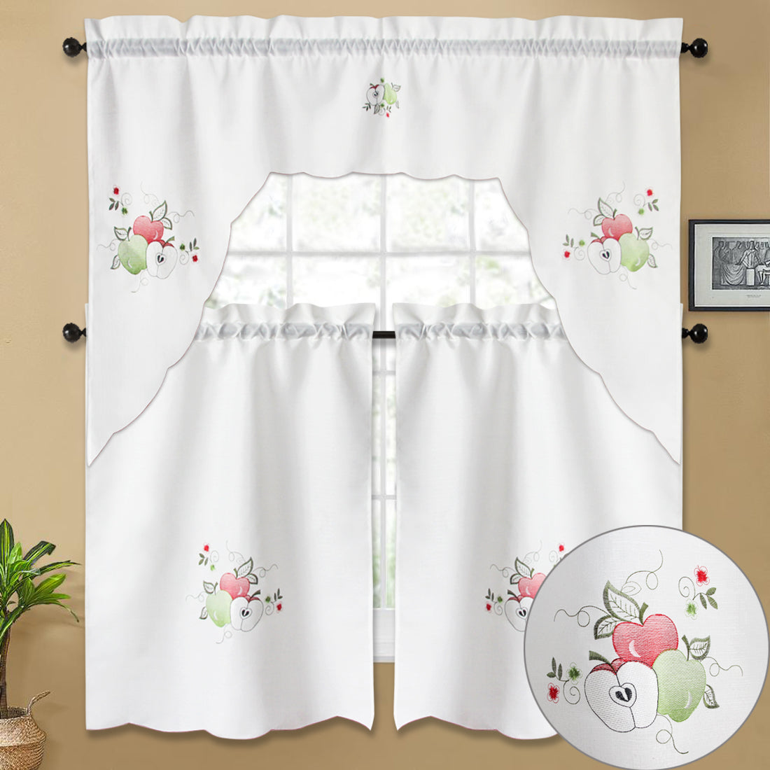 3pc Rod Pocket Embroidered Butterfly Kitchen Curtain Set with Swag Valance, 36" Length
