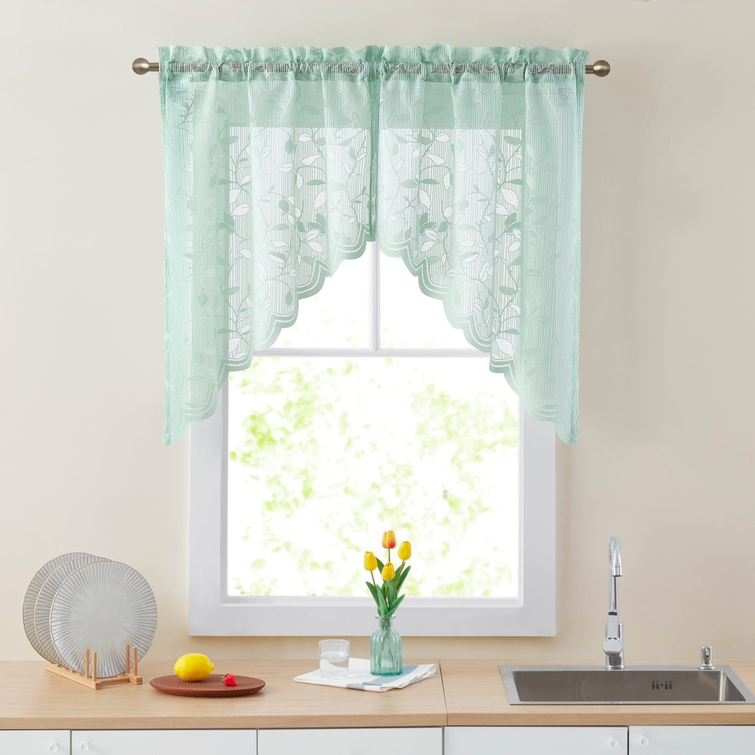 Elegant Floral Joyce Semi-Sheer Kitchen Curtains