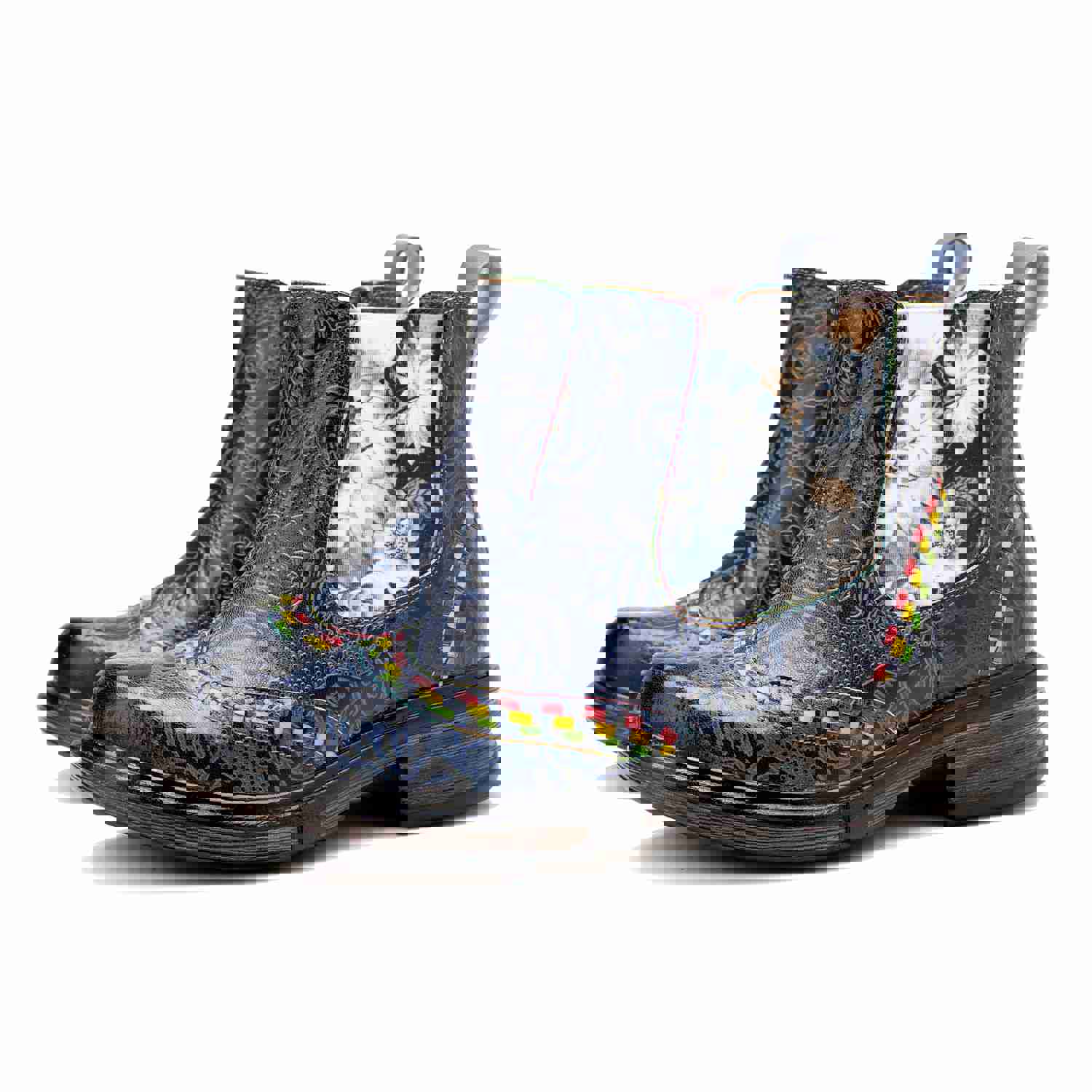 Elegant Cowhide Leather Ankle Boots with Hand-Embossed Flowers