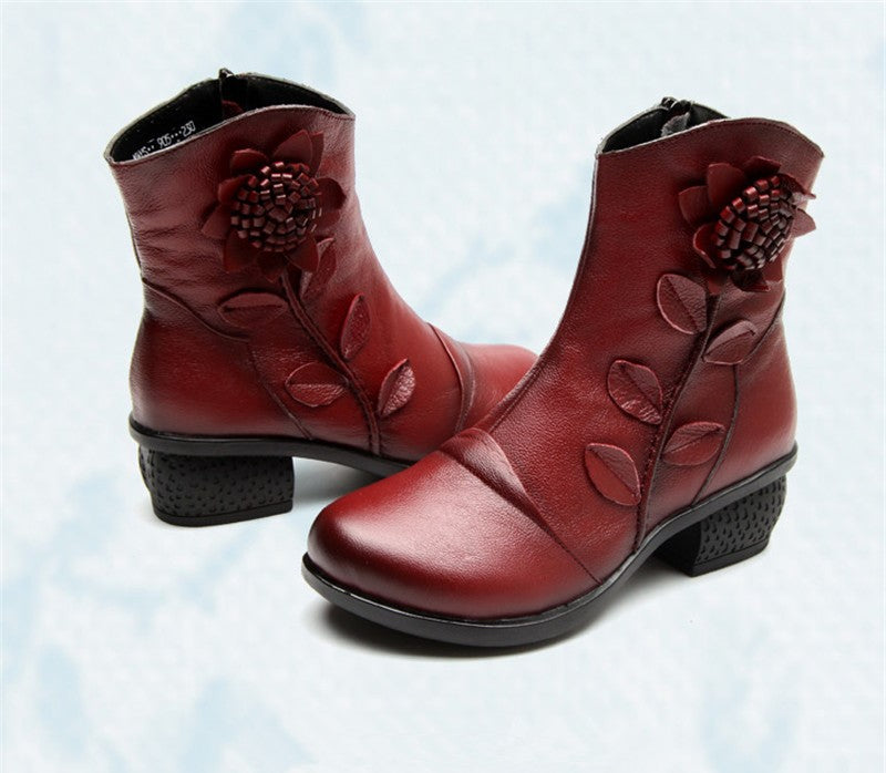 Women's Genuine Leather Ankle Snow Boots with Decorative Flower