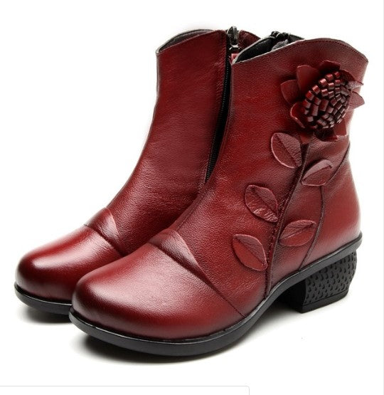 Women's Genuine Leather Ankle Snow Boots with Decorative Flower