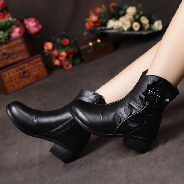 Women's Genuine Leather Ankle Snow Boots with Decorative Flower
