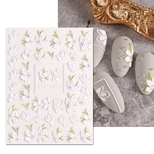 JMEOWIO 3D Embossed Spring Flower Nail Art Stickers, Self-Adhesive Floral Nail Decals for Elegant DIY Nail Designs