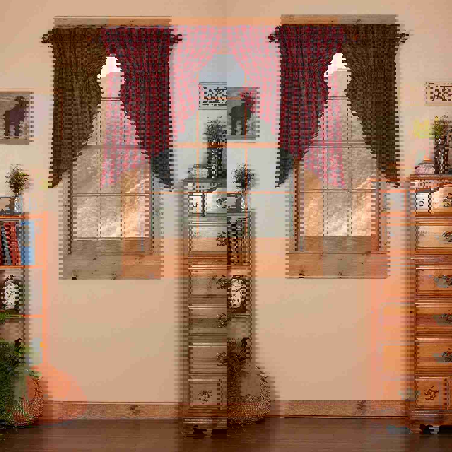Rustic Charm Window Swag Set with Red Buffalo Plaid