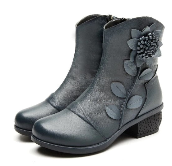 Women's Genuine Leather Ankle Snow Boots with Decorative Flower