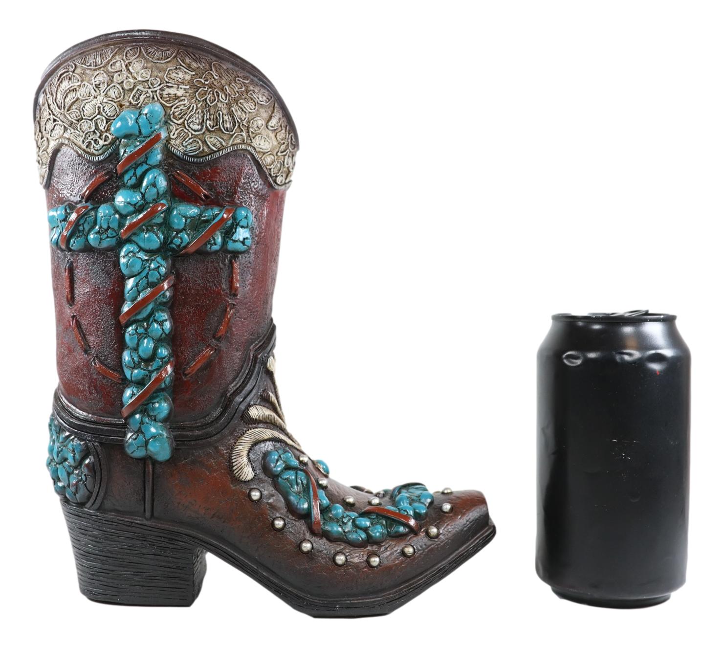 Handcrafted Faux Leather Cowboy Boot Vase with Turquoise Accents