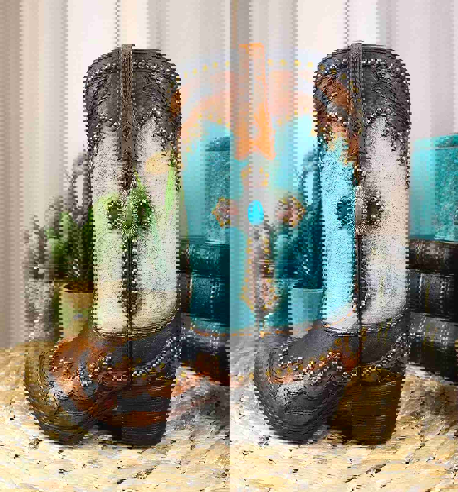 7" Handcrafted Turquoise Western Cowboy Boot Decor