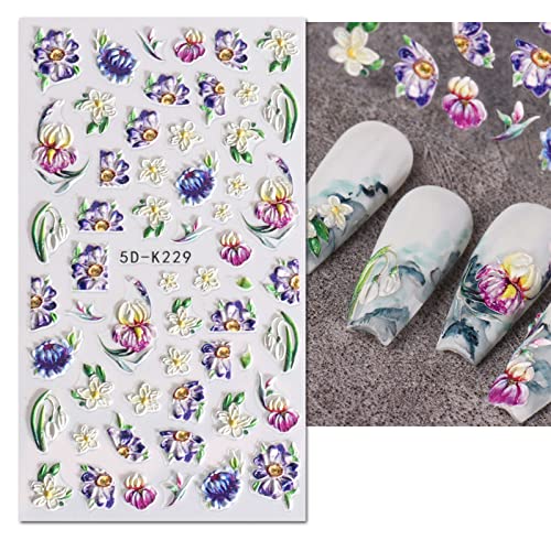 JMEOWIO 3D Embossed Spring Flower Nail Art Stickers Decals, Self-Adhesive Floral Nail Art Design Accessories