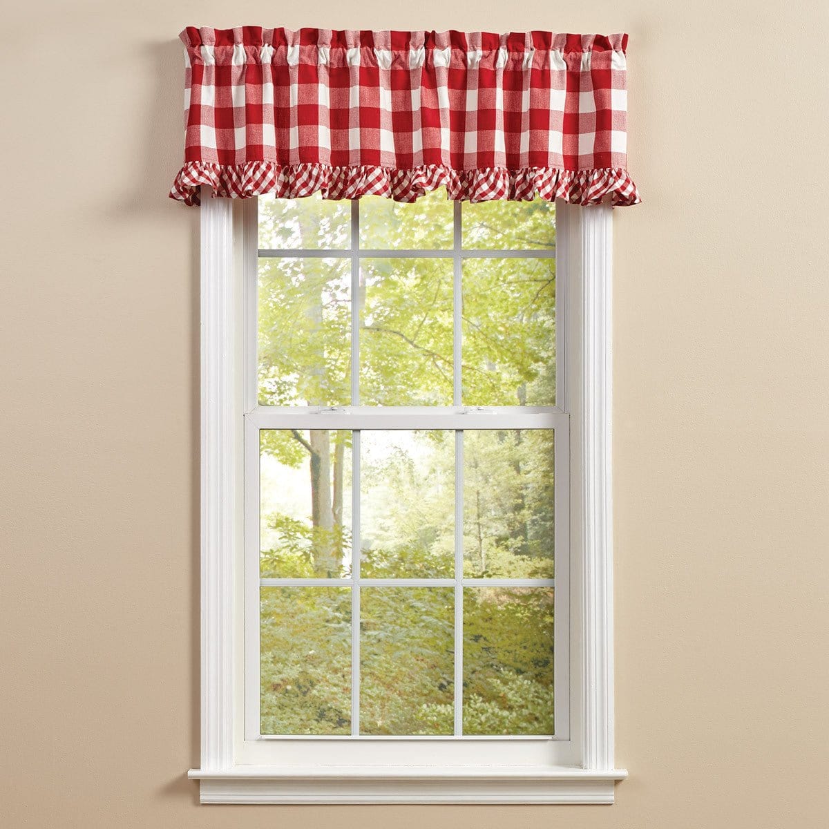 Elegant Ruffled Buffalo Check Valance in Red and Ivory