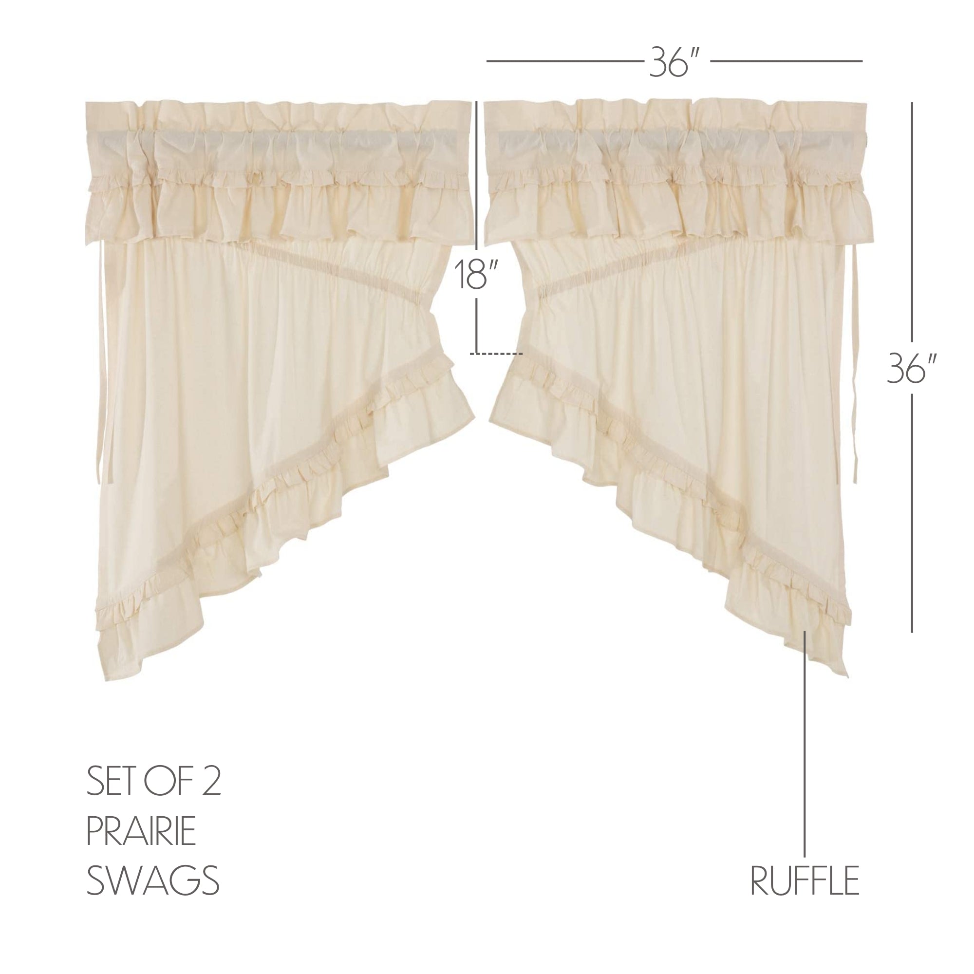 Elegant Muslin Ruffle Prairie Swag Curtains, Set of 2, 36x36