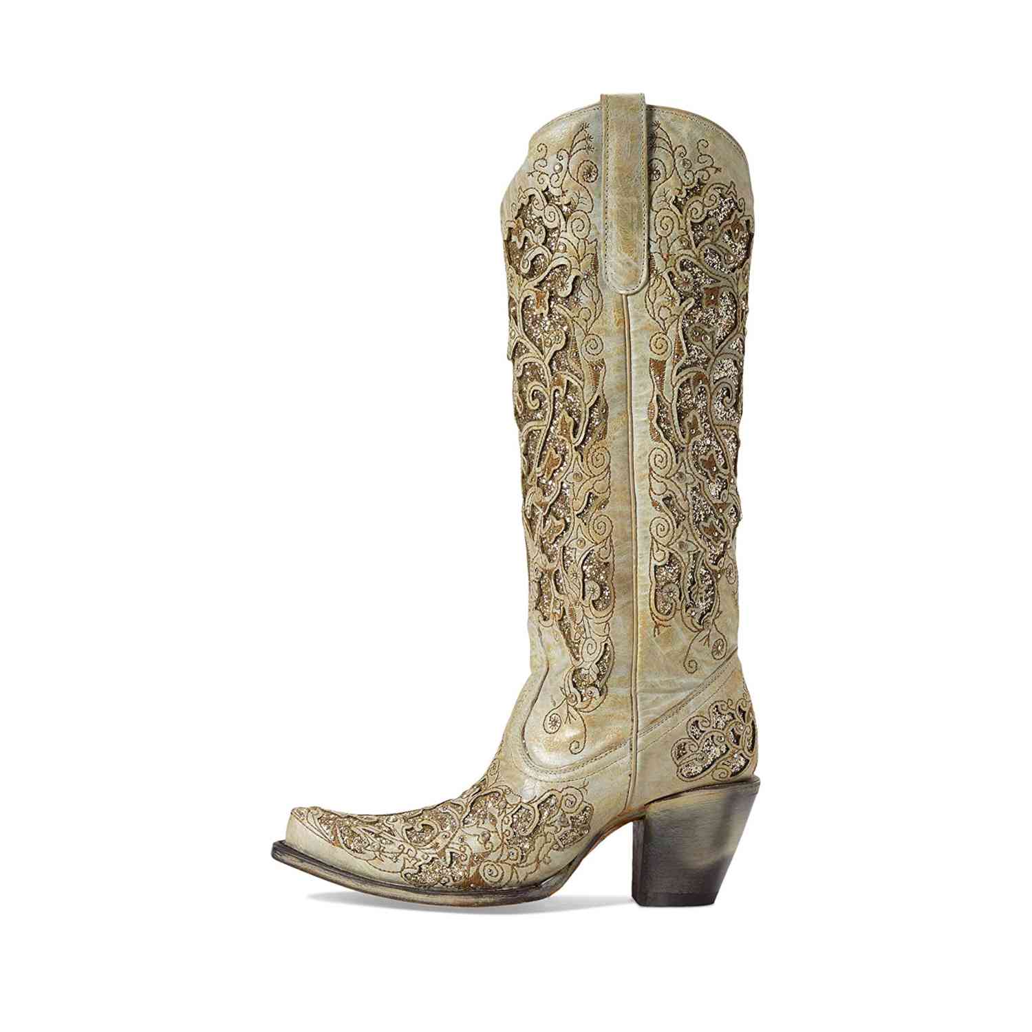 Corral Women's Beige Distressed Glitter Inlay & Embroidery Western Boots - A4345