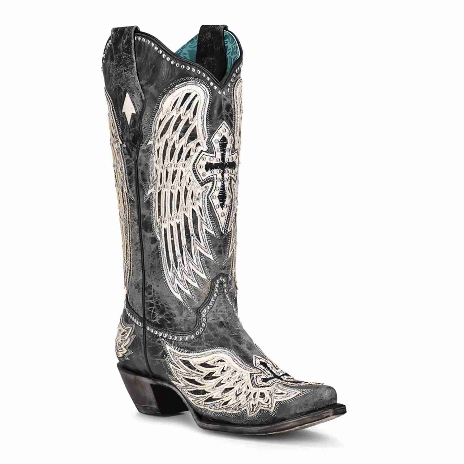 Glitter Embellished Black Cross and Wings Western Boot - A4232