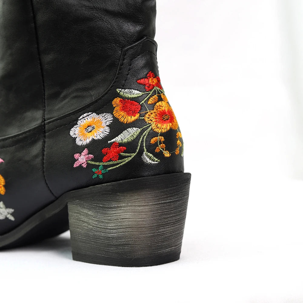Vintage Floral Embroidered Western Cowboy Boots for Women
