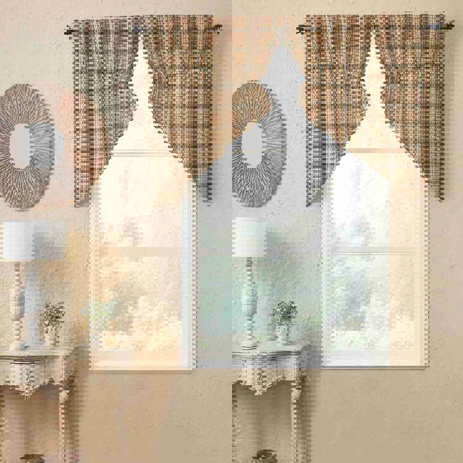 Rustic Country Style Window Swag Set, Cider Mill Green Tan Plaid