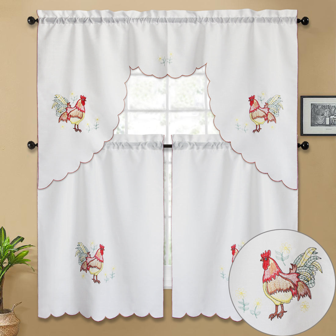 3pc Rod Pocket Embroidered Butterfly Kitchen Curtain Set with Swag Valance, 36" Length