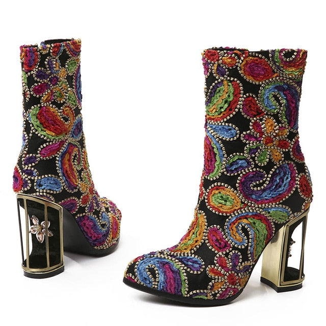 Ethnic Style Women's Mid-Calf Printed Ankle Boots