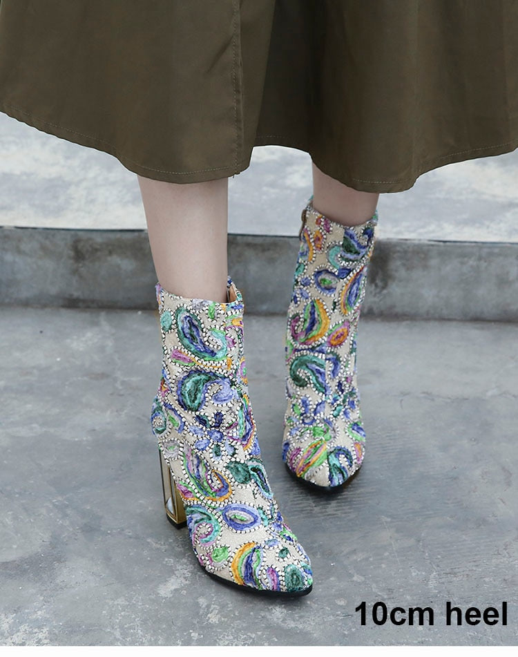 Ethnic Style Women's Mid-Calf Printed Ankle Boots