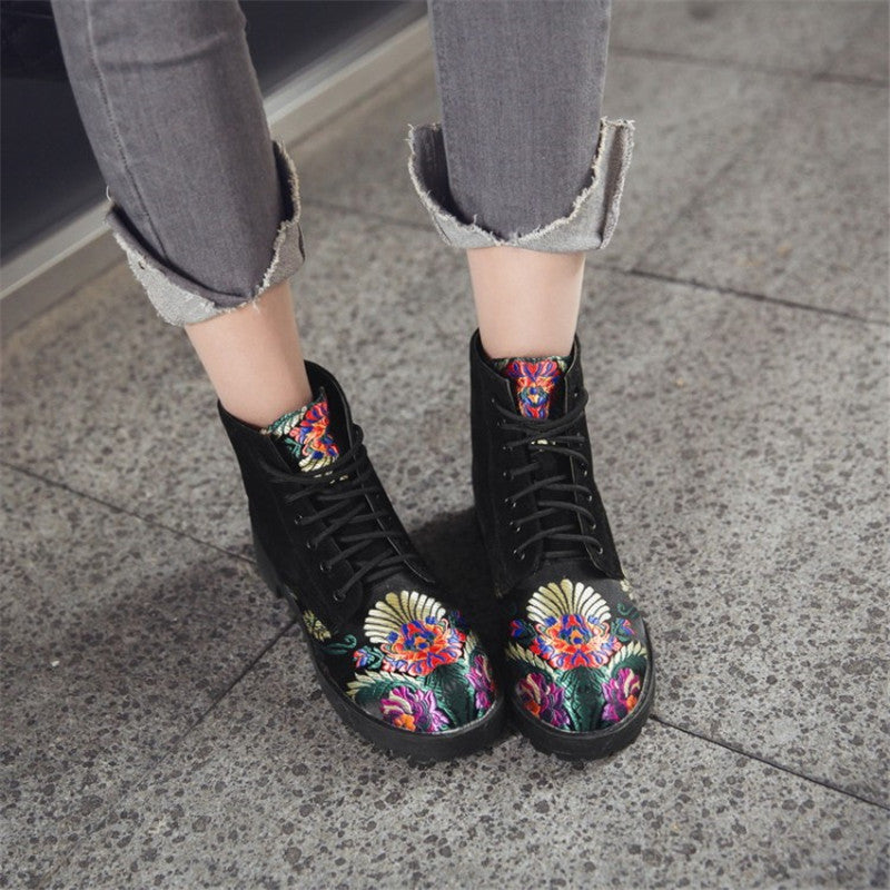 Women's Embroidered Suede Ankle Boots with Low Heel