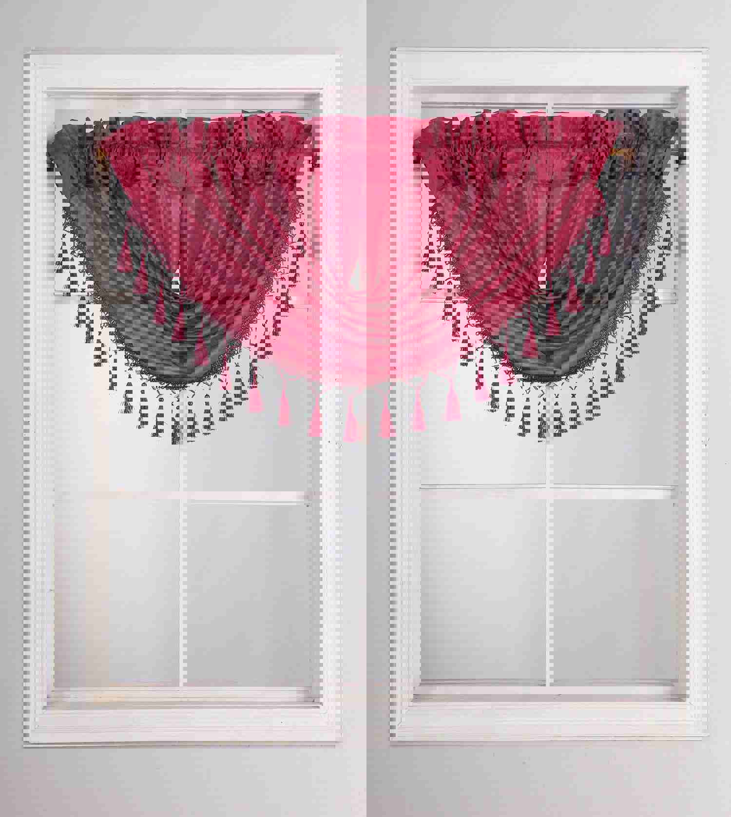 Faux Silk Semi-Sheer Waterfall Valance with Tassel Trim, 48"x38"