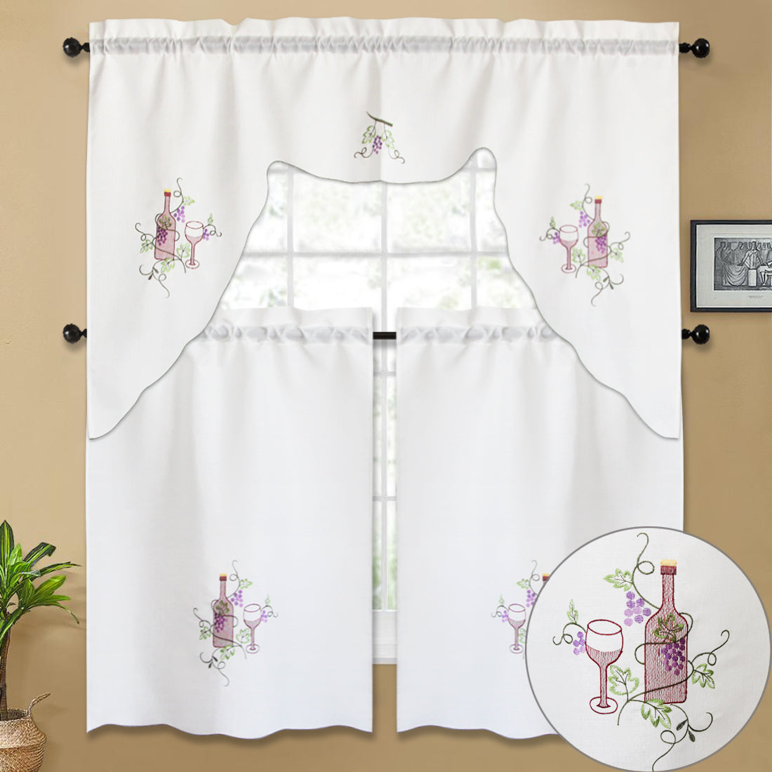 3pc Rod Pocket Embroidered Butterfly Kitchen Curtain Set with Swag Valance, 36" Length