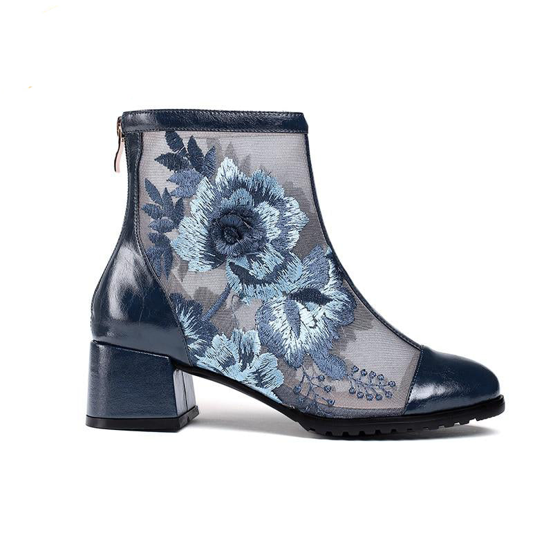 Elegant Embroidered Genuine Leather Women's Ankle Boots