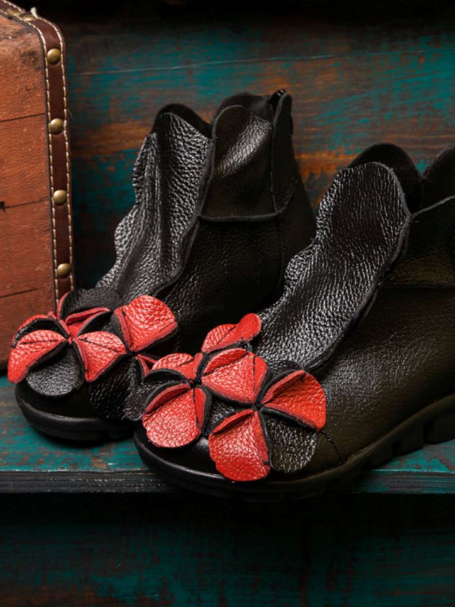 Glamorous Flower-Accented Leather Ankle Boots