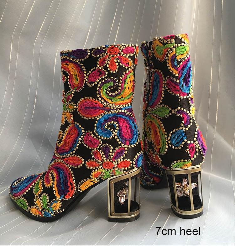 Ethnic Style Women's Mid-Calf Printed Ankle Boots